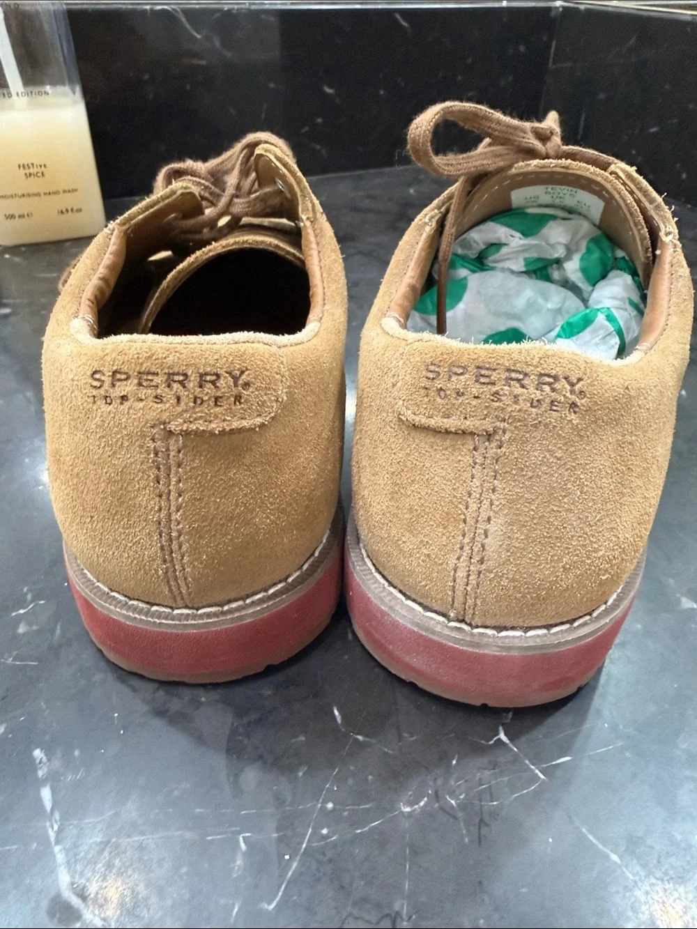 Sperry Boys Suede Bucks in Tan with Red Outsole -2W WIDE EUC